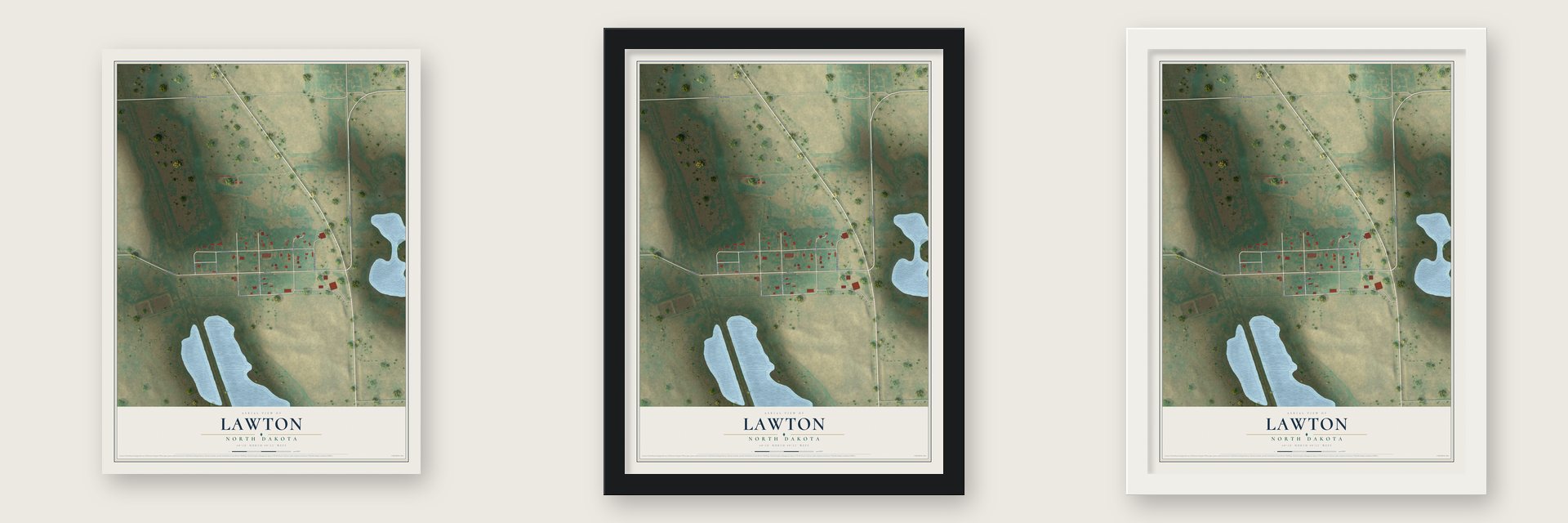 Lawton, North Dakota map unframed, in a black wood frame and in a white wood frame