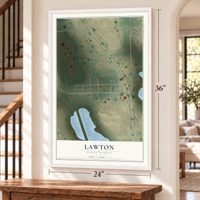 Lawton, North Dakota map, 24 x 36 inch print in a white frame by a staircase