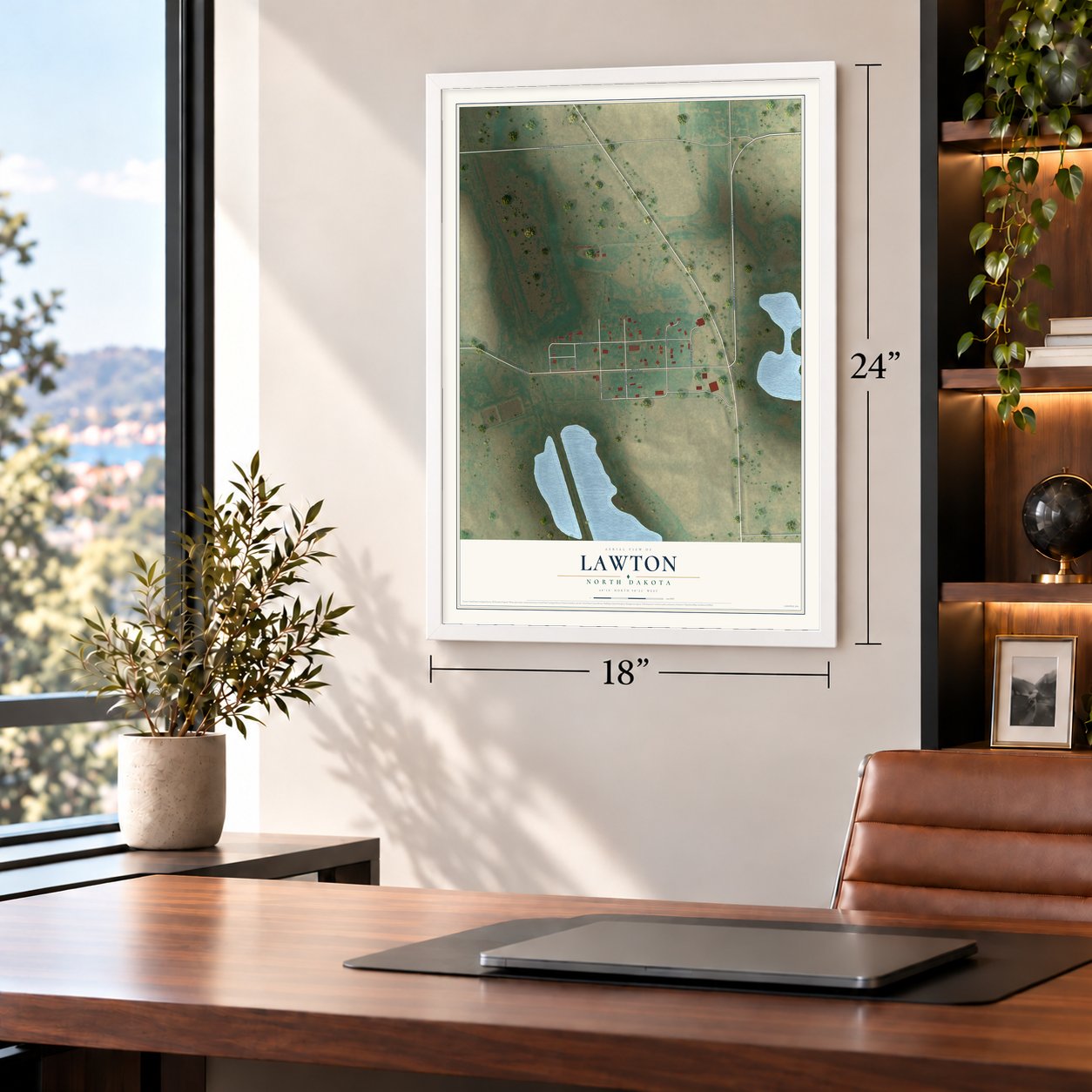 Lawton, North Dakota map, 18 x 24 inch print in a white frame in a home office