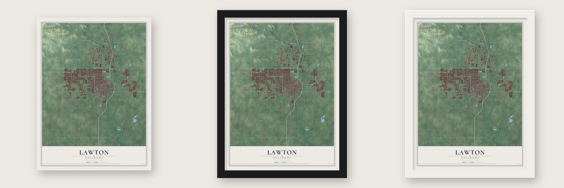 Lawton, Oklahoma map unframed, in a black wood frame and in a white wood frame