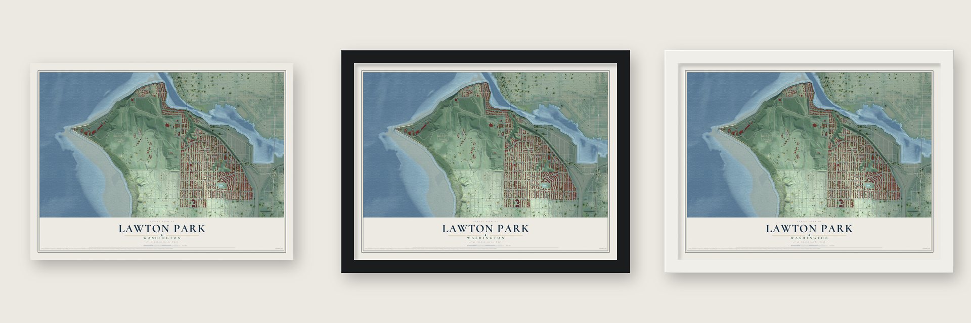 Lawton Park, Washington map unframed, in a black wood frame and in a white wood frame