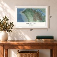 Lawton Park, Washington map, 12 x 18 inch print in a white frame in an entryway