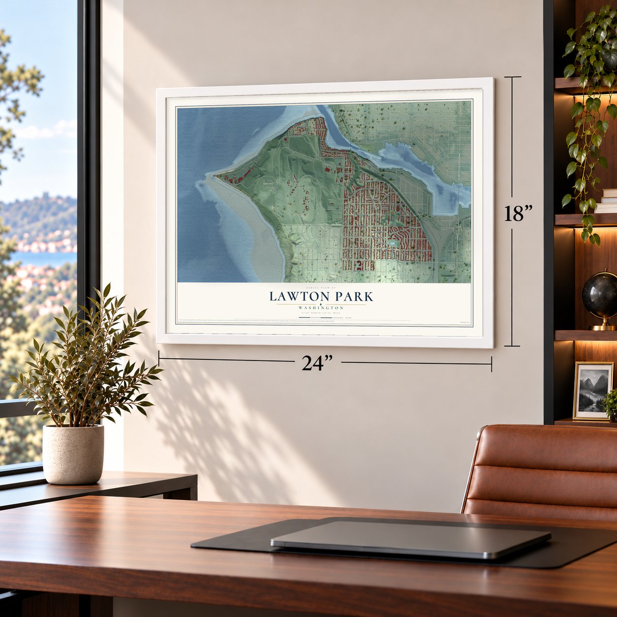 Lawton Park, Washington map, 18 x 24 inch print in a white frame in a home office