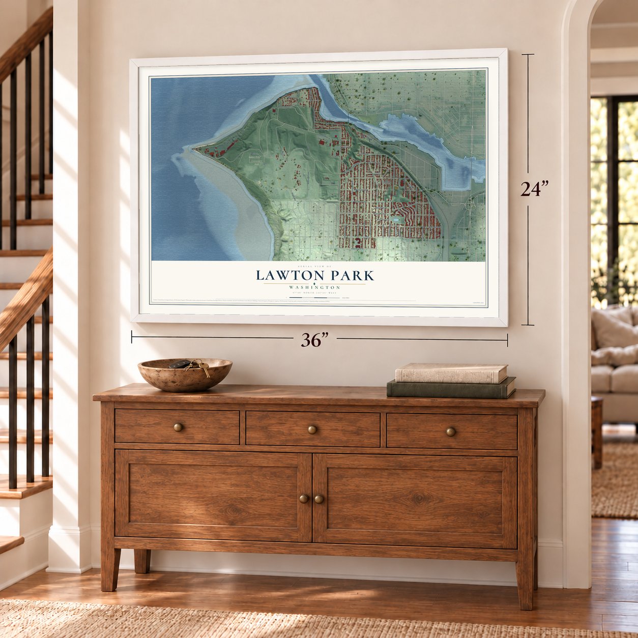 Lawton Park, Washington map, 24 x 36 inch print in a white frame above a dresser by a staircase
