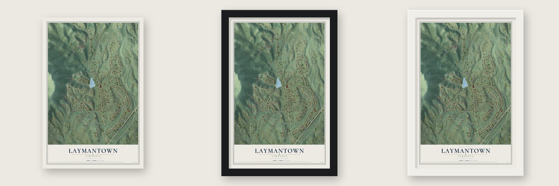 Laymantown, Virginia map unframed, in a black wood frame and in a white wood frame