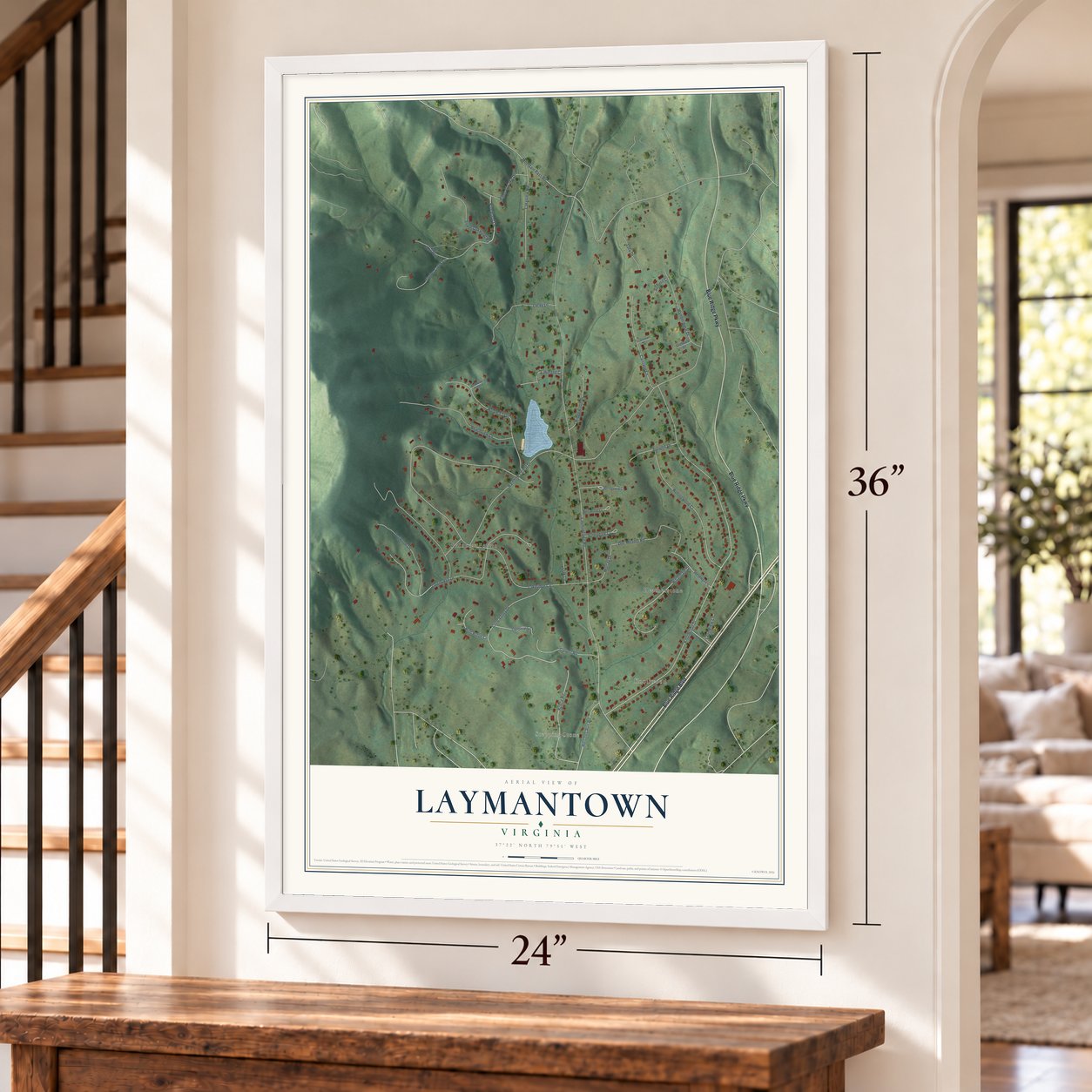 Laymantown, Virginia map, 24 x 36 inch print in a white frame by a staircase