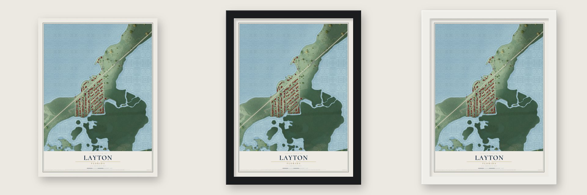 Layton, Florida map unframed, in a black wood frame and in a white wood frame