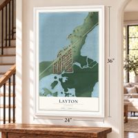 Layton, Florida map, 24 x 36 inch print in a white frame by a staircase