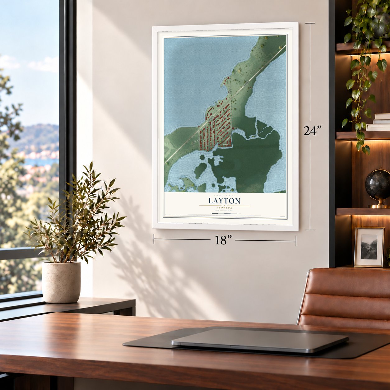 Layton, Florida map, 18 x 24 inch print in a white frame in a home office