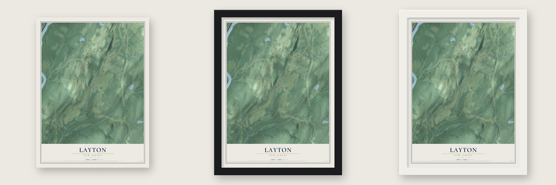 Layton, New Jersey map unframed, in a black wood frame and in a white wood frame
