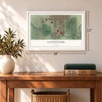 Layton Park, Wisconsin map, 12 x 18 inch print in a white frame in an entryway