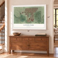 Layton Park, Wisconsin map, 24 x 36 inch print in a white frame above a dresser by a staircase