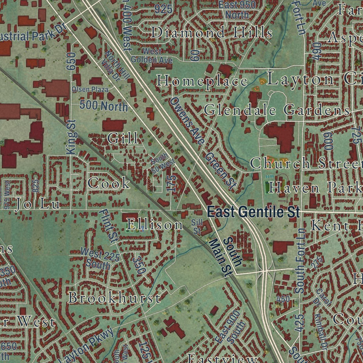 Second close-up of the map of Layton, Utah print showing more streets and buildings