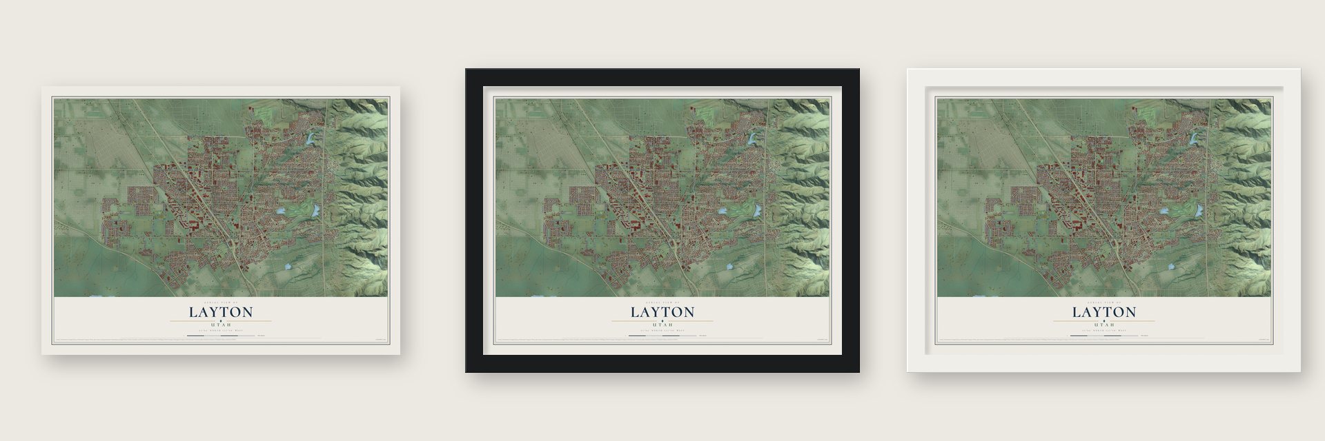 Layton, Utah map unframed, in a black wood frame and in a white wood frame