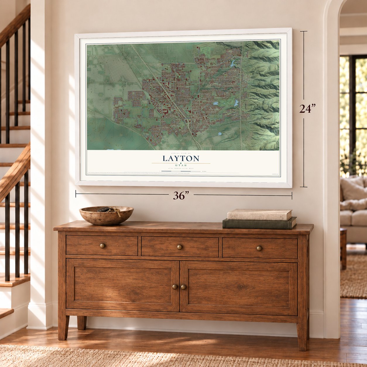 Layton, Utah map, 24 x 36 inch print in a white frame above a dresser by a staircase