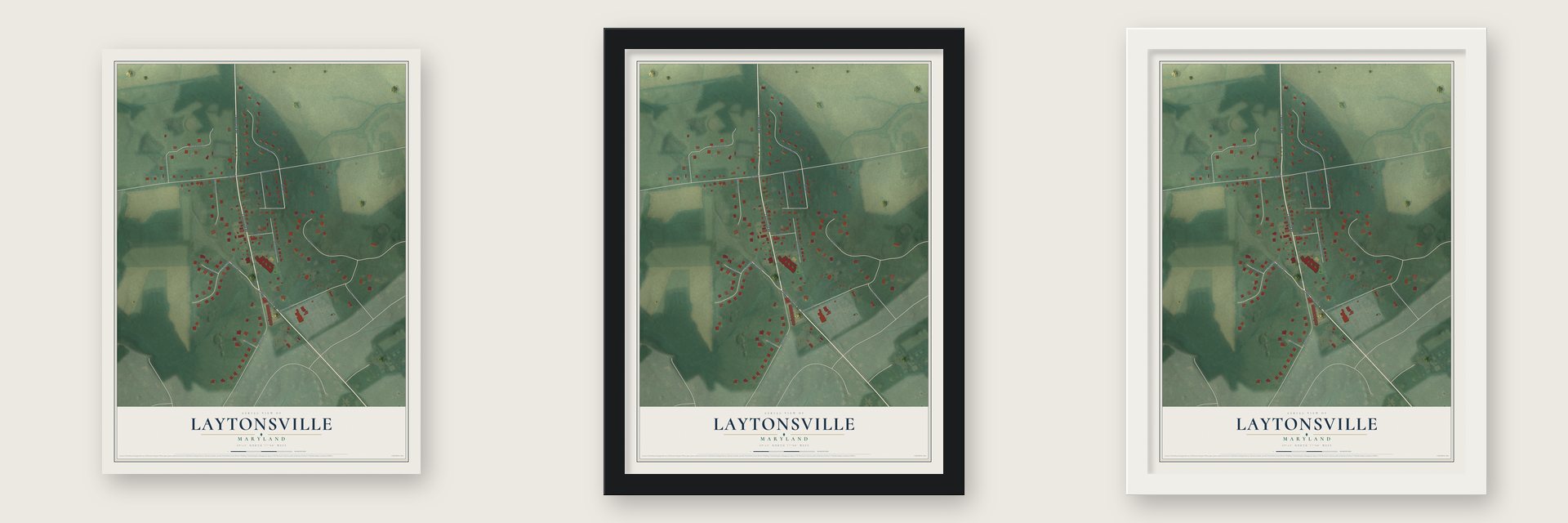 Laytonsville, Maryland map unframed, in a black wood frame and in a white wood frame