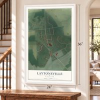 Laytonsville, Maryland map, 24 x 36 inch print in a white frame by a staircase