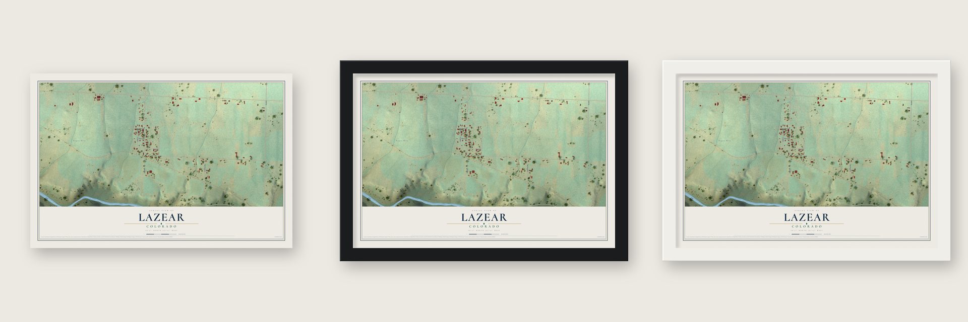 Lazear, Colorado map unframed, in a black wood frame and in a white wood frame