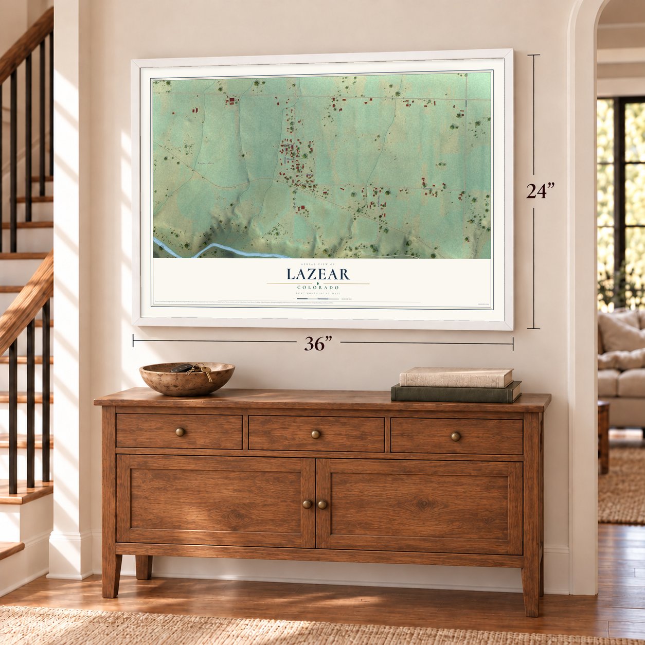 Lazear, Colorado map, 24 x 36 inch print in a white frame above a dresser by a staircase