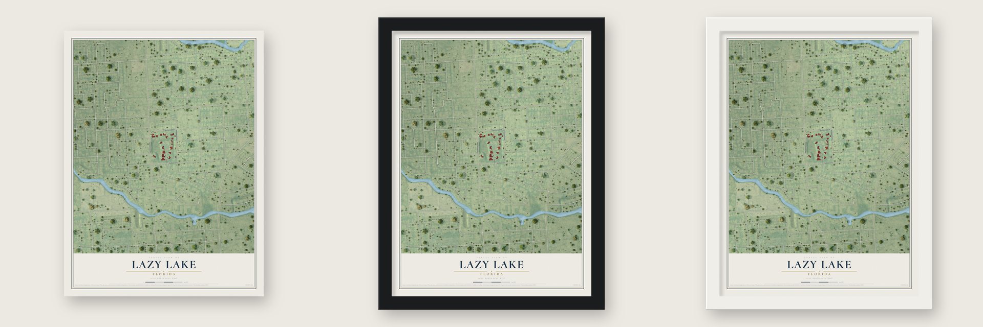 Lazy Lake, Florida map unframed, in a black wood frame and in a white wood frame