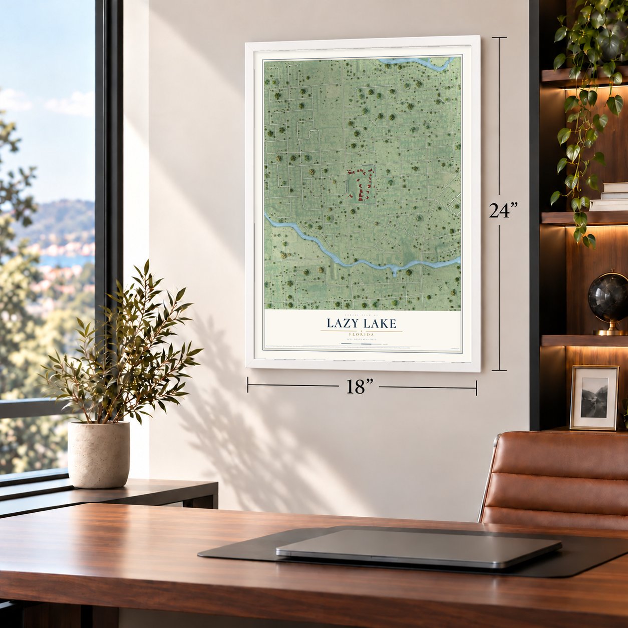 Lazy Lake, Florida map, 18 x 24 inch print in a white frame in a home office