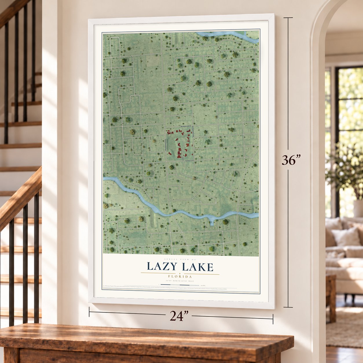 Lazy Lake, Florida map, 24 x 36 inch print in a white frame by a staircase