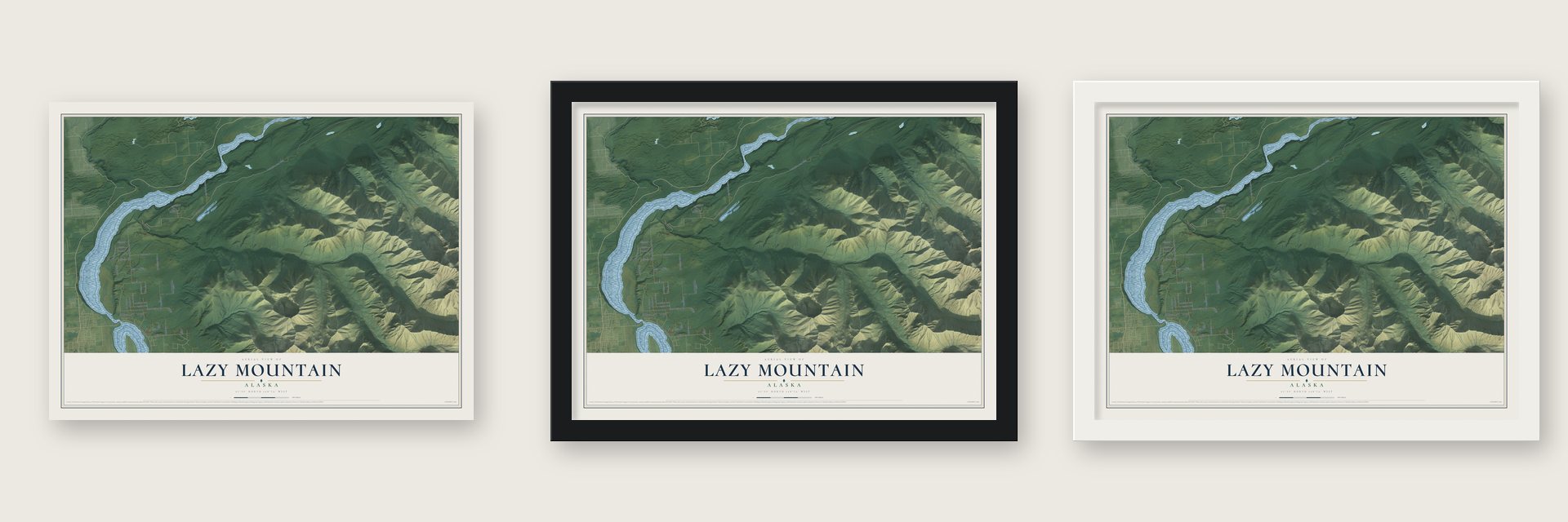 Lazy Mountain, Alaska map unframed, in a black wood frame and in a white wood frame