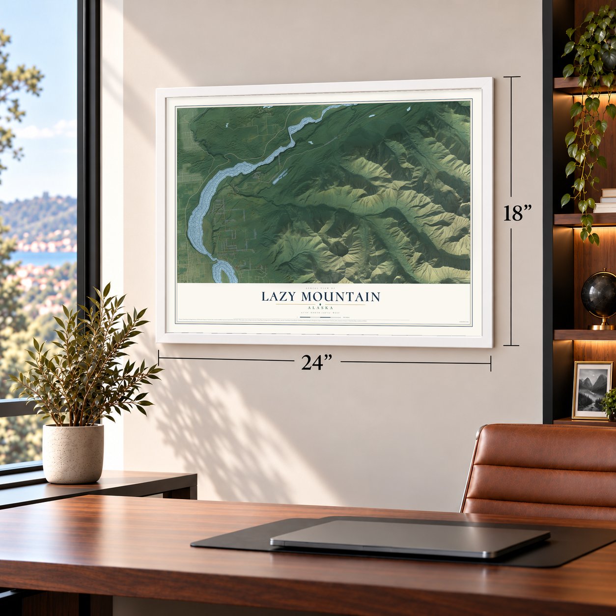 Lazy Mountain, Alaska map, 18 x 24 inch print in a white frame in a home office