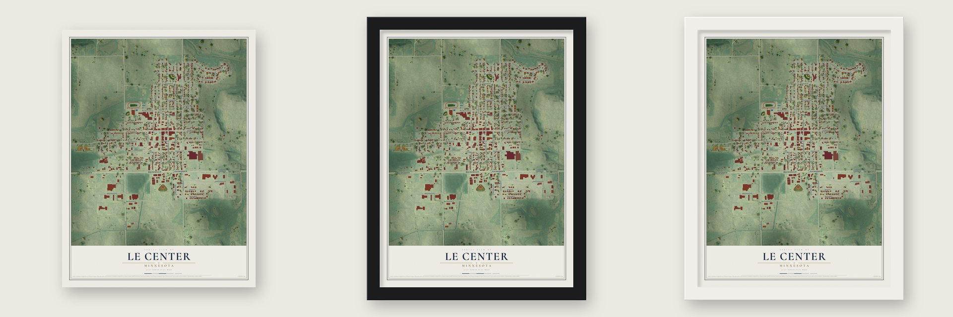 Le Center, Minnesota map unframed, in a black wood frame and in a white wood frame