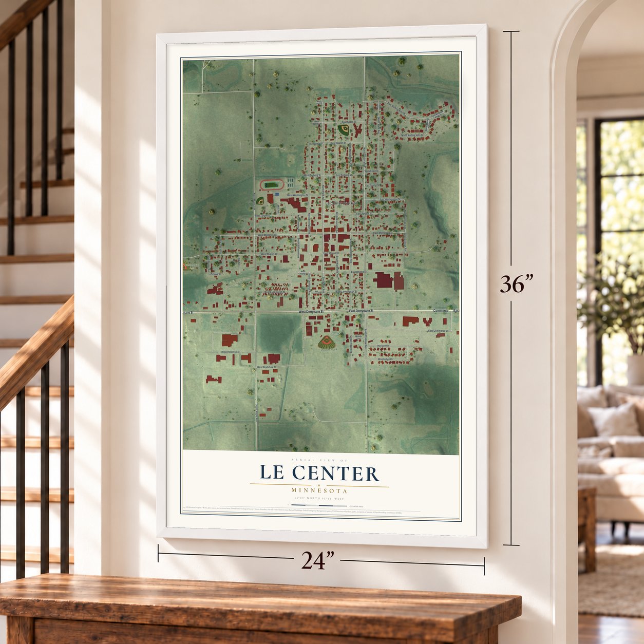 Le Center, Minnesota map, 24 x 36 inch print in a white frame by a staircase