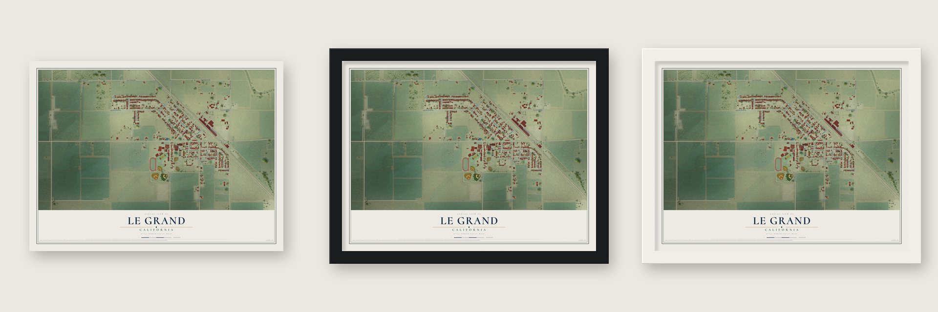 Le Grand, California map unframed, in a black wood frame and in a white wood frame