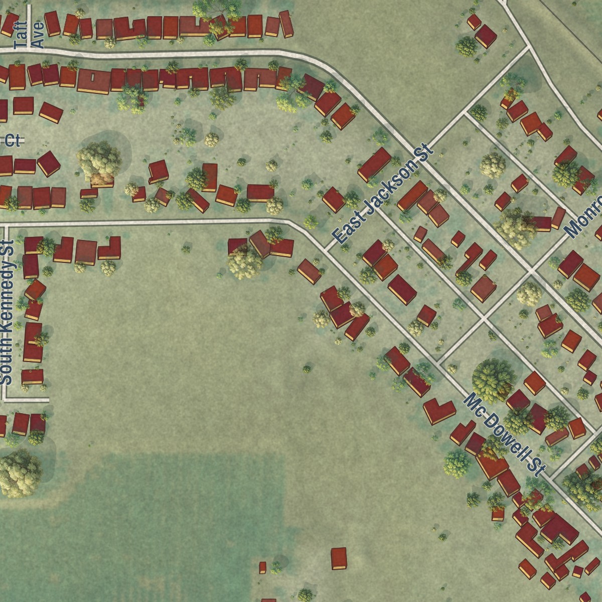 Second close-up of the map of Le Grand, California print showing more streets and buildings