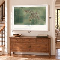 Le Grand, California map, 24 x 36 inch print in a white frame above a dresser by a staircase