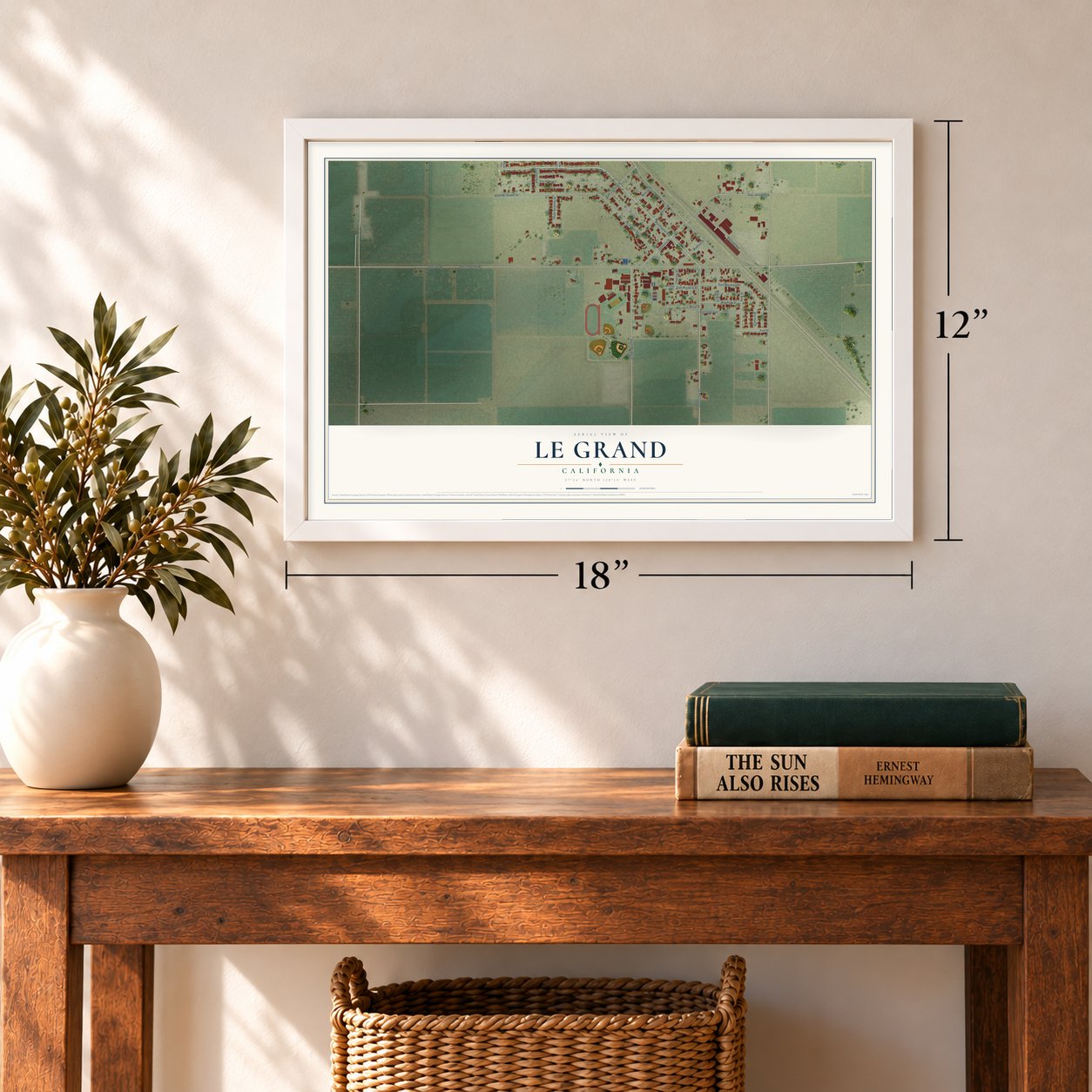 Le Grand, California map, 12 x 18 inch print in a white frame in an entryway