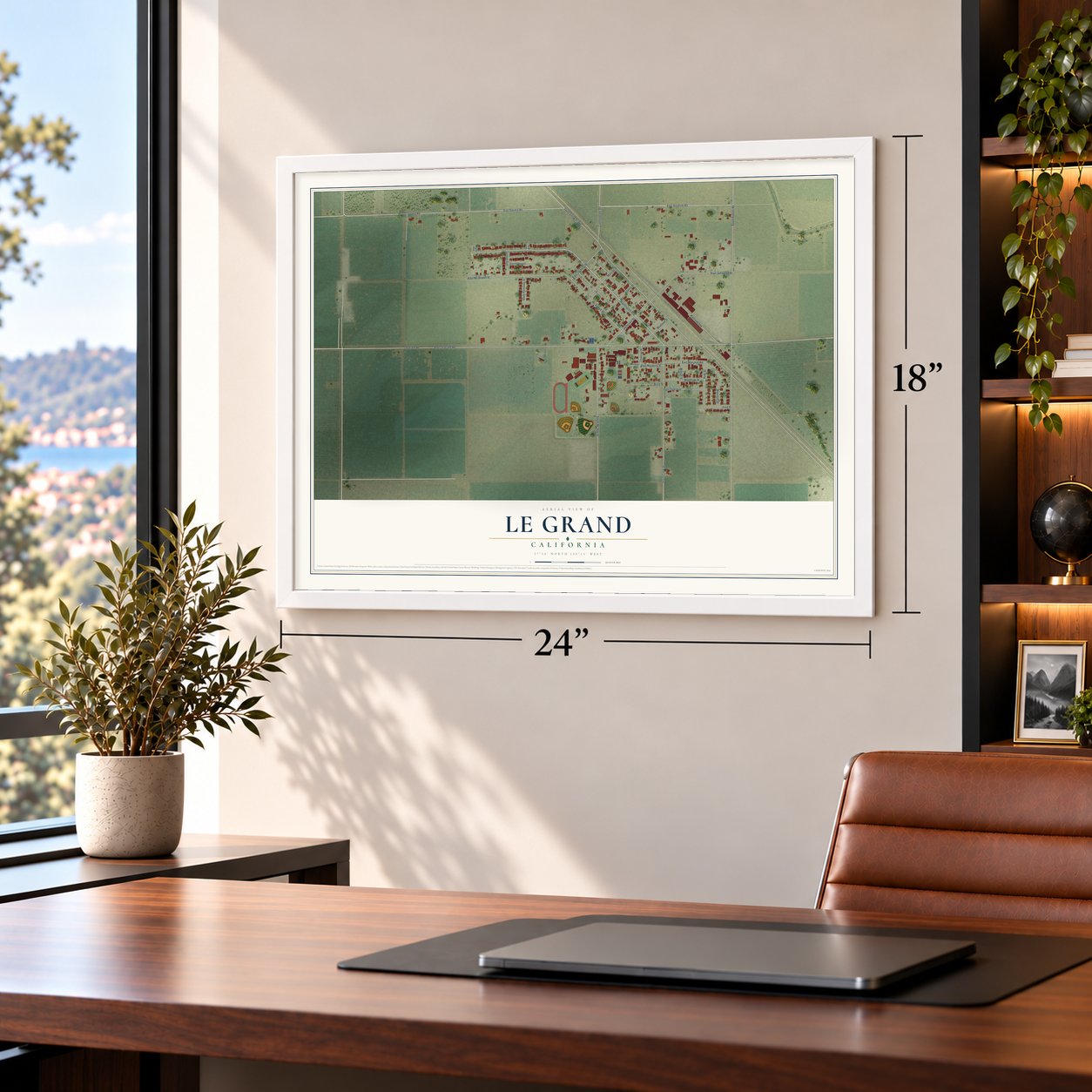 Le Grand, California map, 18 x 24 inch print in a white frame in a home office