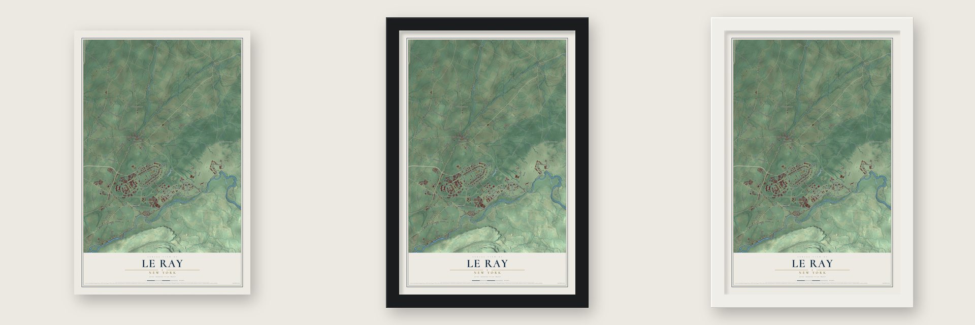 Le Ray, New York map unframed, in a black wood frame and in a white wood frame