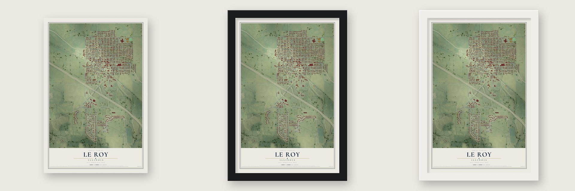 Le Roy, Illinois map unframed, in a black wood frame and in a white wood frame