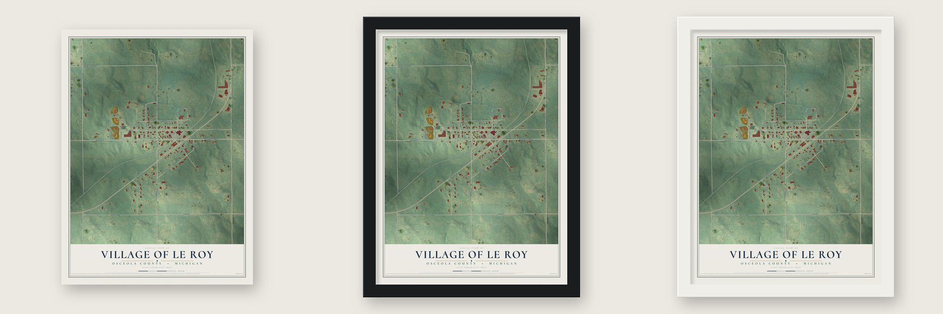 Le Roy, Michigan map unframed, in a black wood frame and in a white wood frame