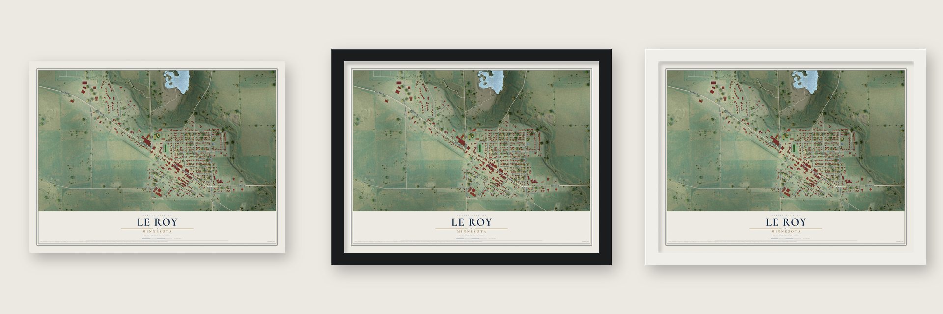 Le Roy, Minnesota map unframed, in a black wood frame and in a white wood frame