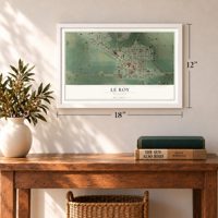 Le Roy, Minnesota map, 12 x 18 inch print in a white frame in an entryway