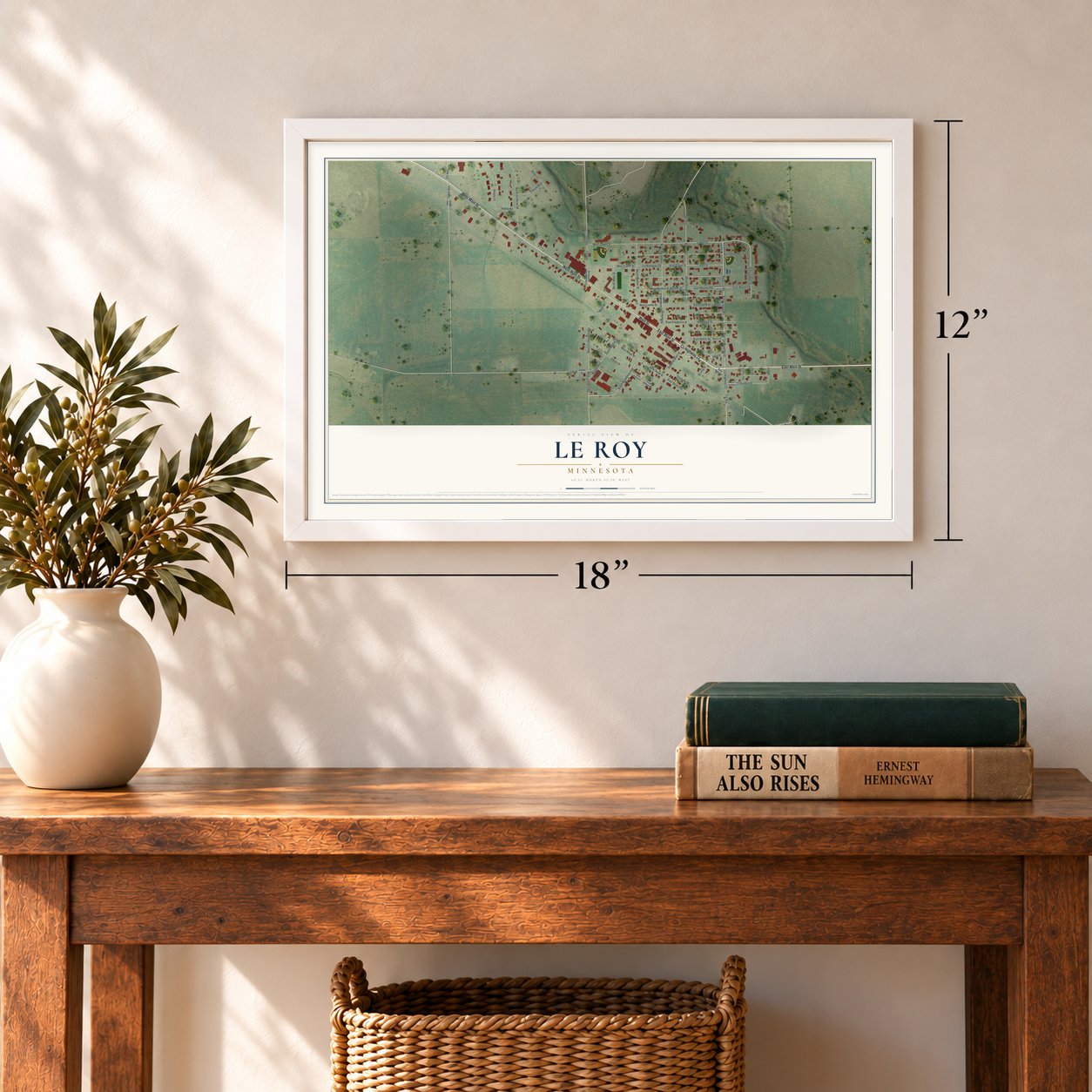 Le Roy, Minnesota map, 12 x 18 inch print in a white frame in an entryway