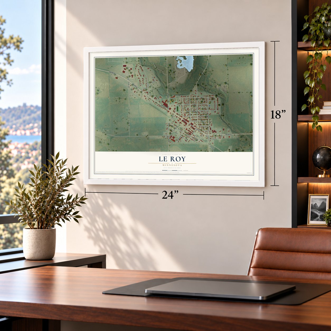 Le Roy, Minnesota map, 18 x 24 inch print in a white frame in a home office