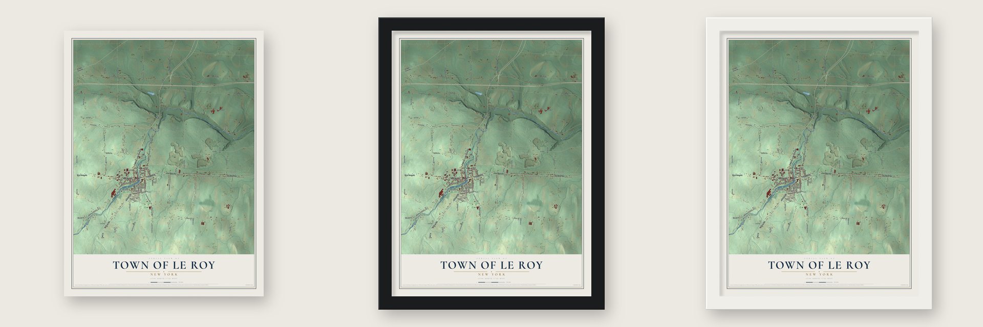 Town of Le Roy, New York map unframed, in a black wood frame and in a white wood frame