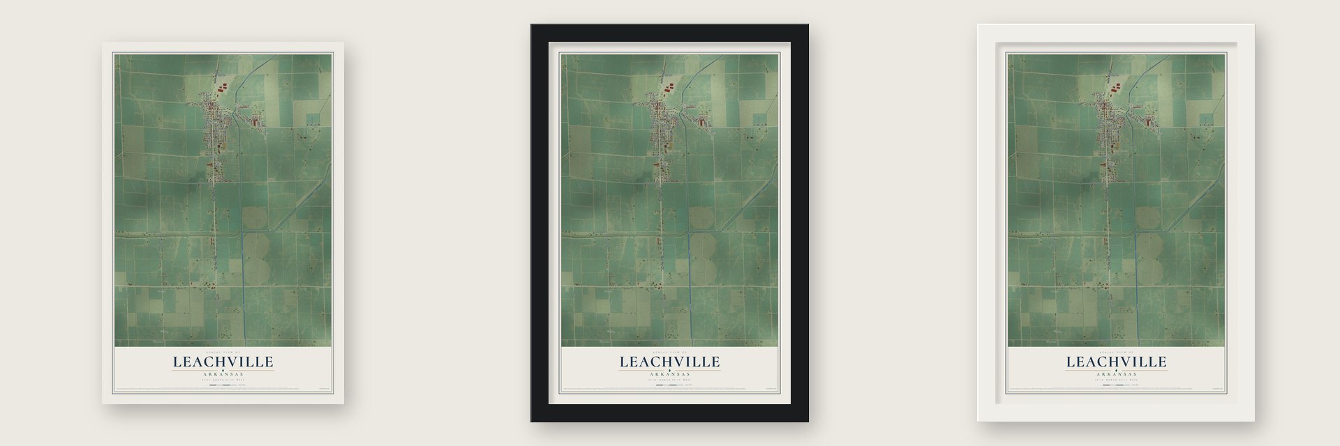 Leachville, Arkansas map unframed, in a black wood frame and in a white wood frame