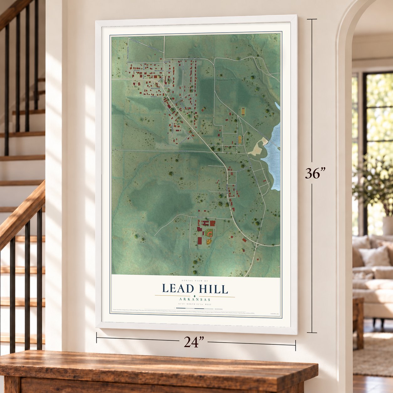 Lead Hill, Arkansas map, 24 x 36 inch print in a white frame by a staircase