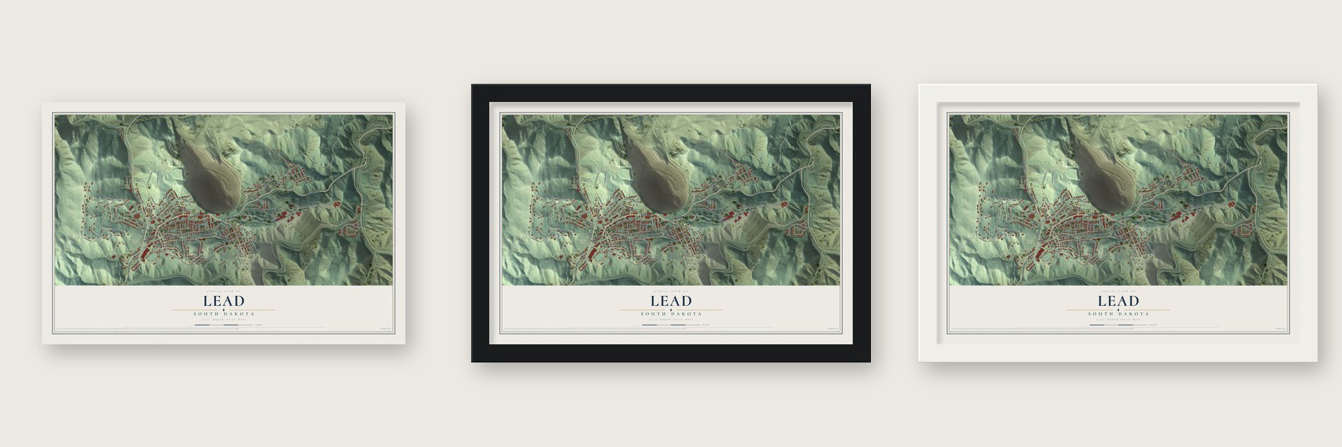 Lead, South Dakota map unframed, in a black wood frame and in a white wood frame