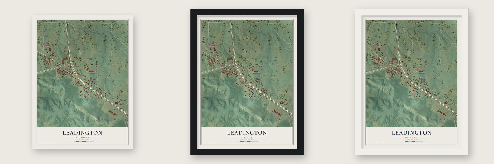 Leadington, Missouri map unframed, in a black wood frame and in a white wood frame