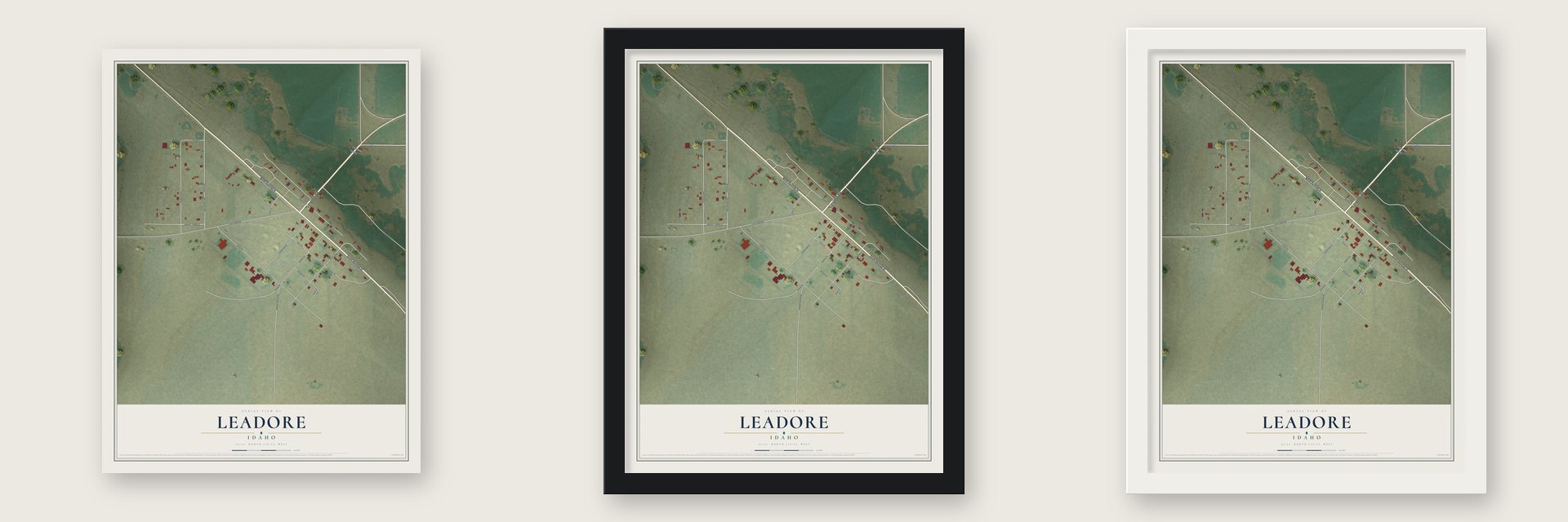 Leadore, Idaho map unframed, in a black wood frame and in a white wood frame