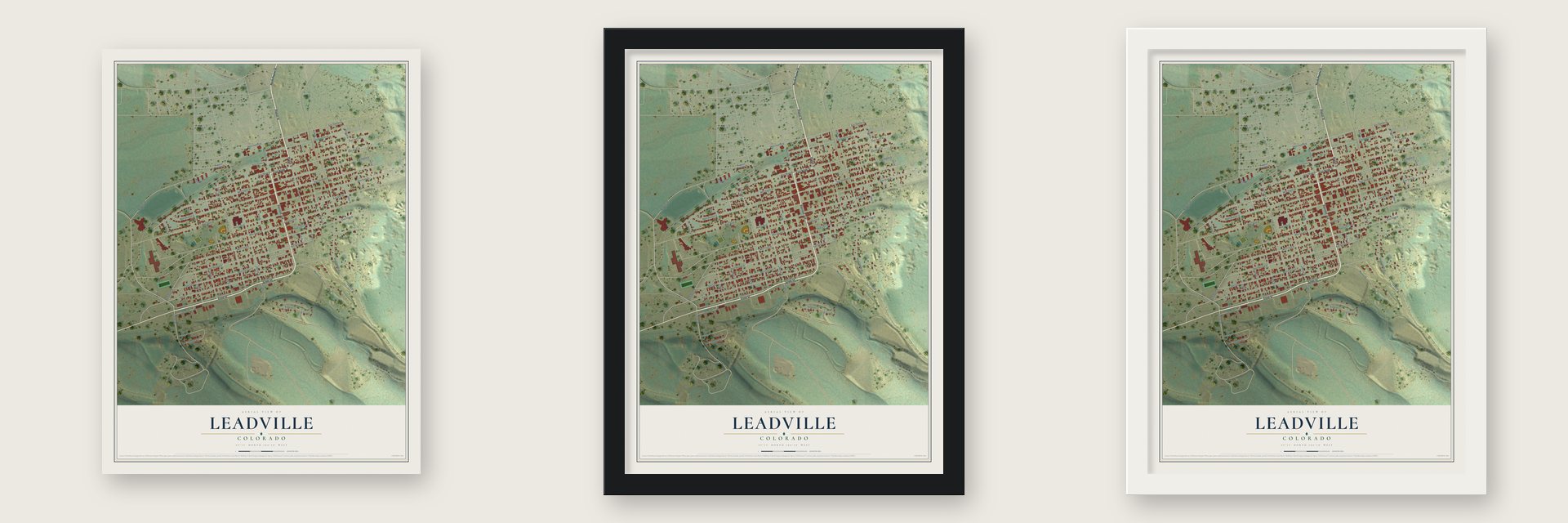 Leadville, Colorado map unframed, in a black wood frame and in a white wood frame