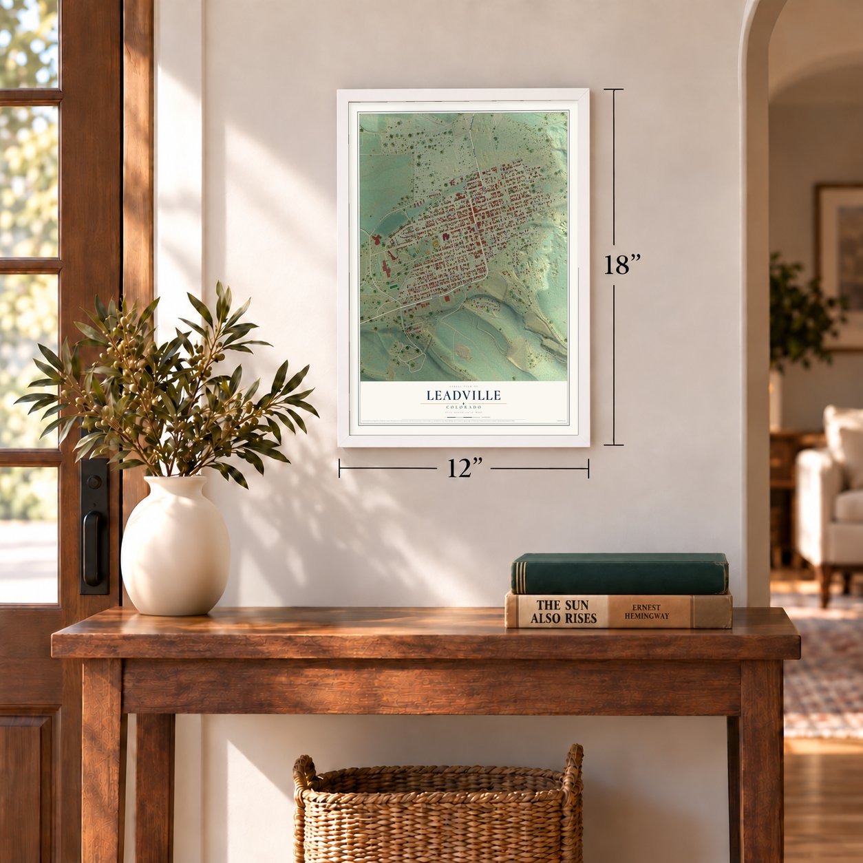 Leadville, Colorado map, 12 x 18 inch print in a white frame in an entryway